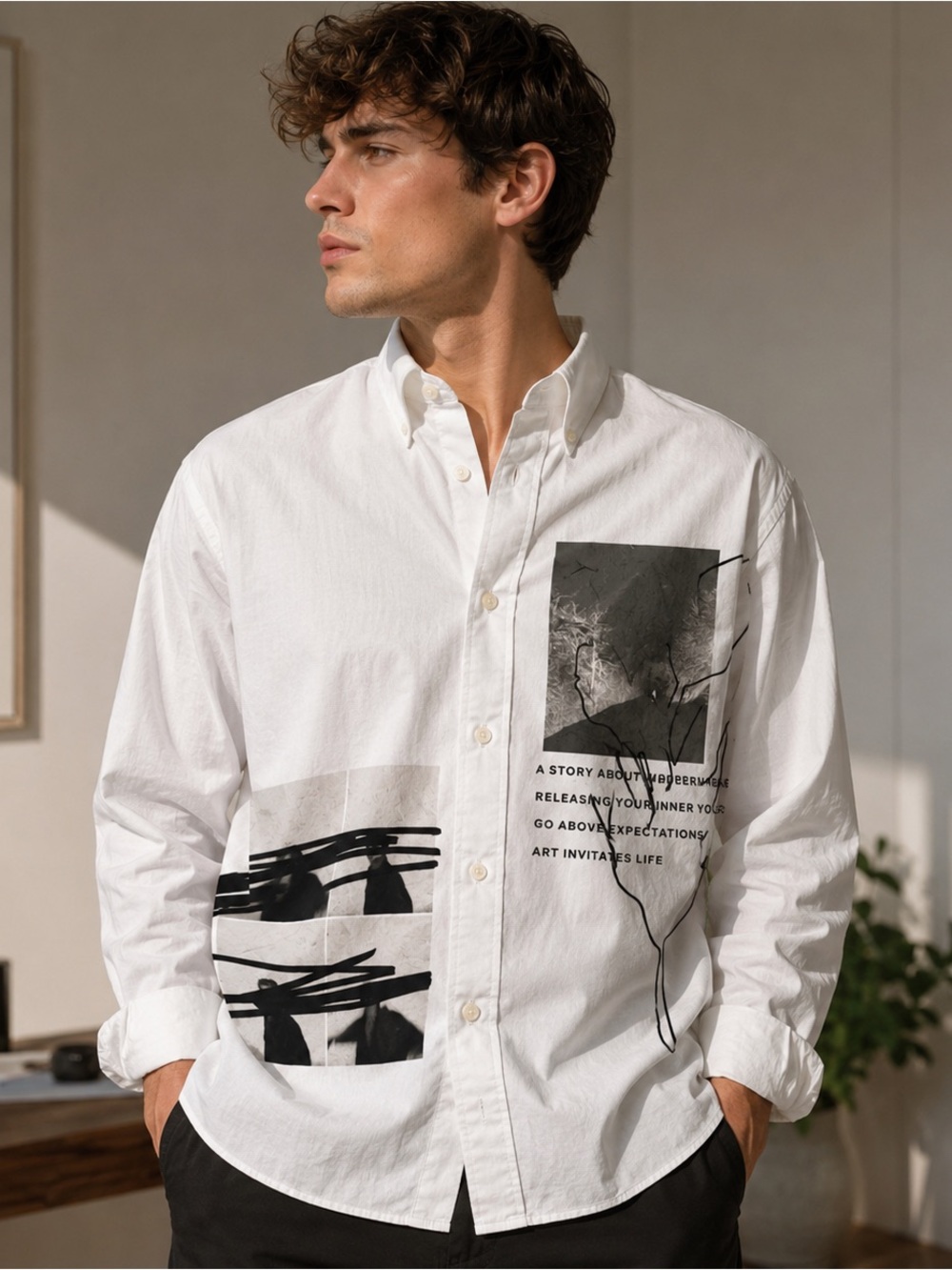 ZARA MEN’S WHITE GRAPHIC BUTTON UP SHIRT SIZE M ART PRINT COTTON